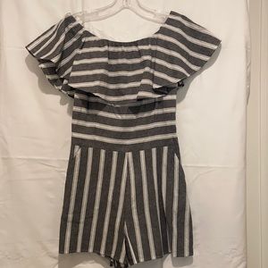 Striped off-the-shoulder romper.